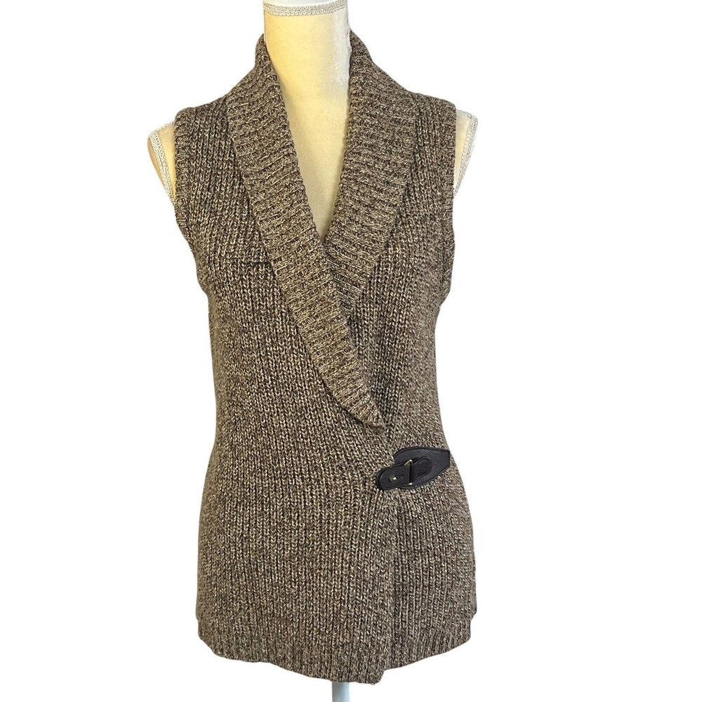Charter Club Women Vest Petite Brown Metallic Marl Wrap Sweater Shawl Buckle P/M